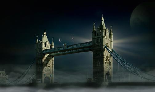 伦敦塔桥, 伦敦, 月亮, 雾, 天空, 卢娜, 满月