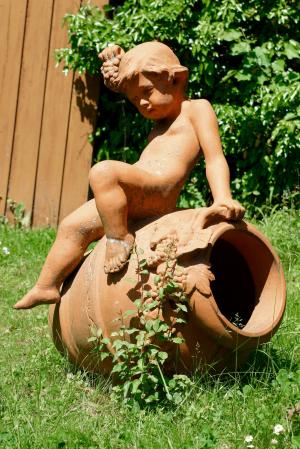 男孩, krug, 罐子里, 构成, 园林装饰, 雕像, 户外
