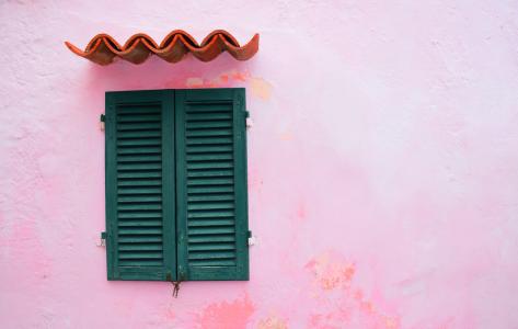 窗口, 粉色, 屋顶, 简单, 艺术, 木制, 墙上