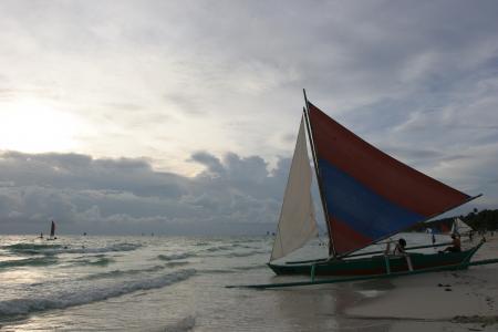 长滩岛海滩, 海滩, 海, 日落, 磨是唯一的船, 菲律宾共和国, 岛屿
