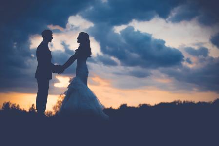 剪影, 照片, 婚礼, 夫妇, 草, 云计算, 天空