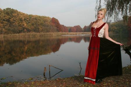 女孩, 湖, 秋天, 森林, 反思, 穿衣服, 公主