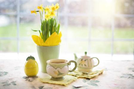 水仙花, 茶, 下午茶时间, 喝杯茶, 春天, 黄色的花, 植物