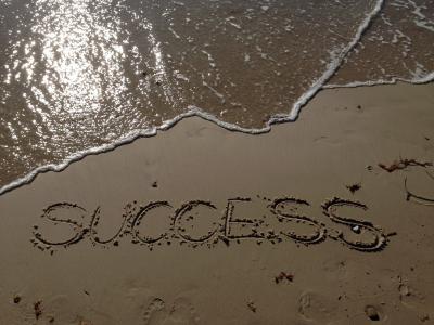 成功, 沙子, 海, 海滩, 写作, lettes, 单词