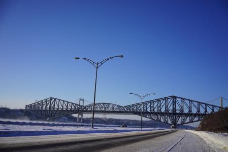 悬索桥, 桥梁, 魁北克省, 冬天, 圣劳伦斯河, 冰, 城市
