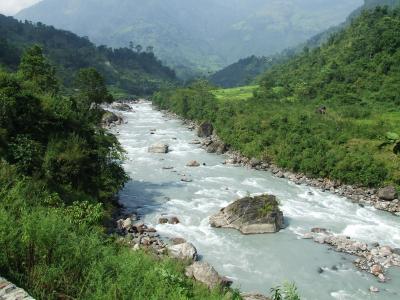 尼泊尔, 安纳布尔纳, 徒步旅行, 森林, 夏季, 山脉, 河