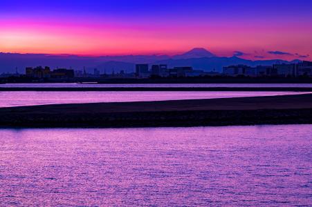 富士山, 海, 水, 日落, 云海, 在黄昏, 日本