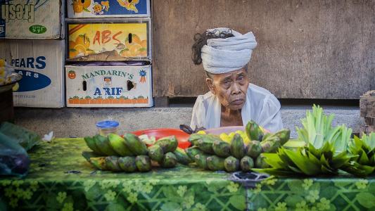 市场, 水果摊, 巴厘岛, klungkung, 印度尼西亚, 老女人, 香蕉