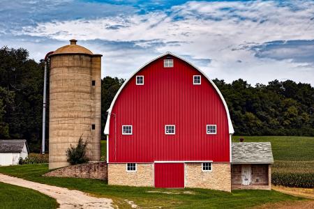 威斯康星州, 红色的谷仓, 筒仓, 建筑, 农场, 农村, 乡村