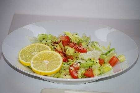 蔬菜沙拉, 健康, 板, 柠檬, 番茄, 芥菜籽