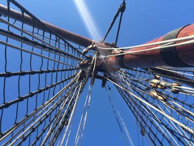 桅杆, 乌鸦窝, 航行中的船, 蓝蓝的天空, 绳索