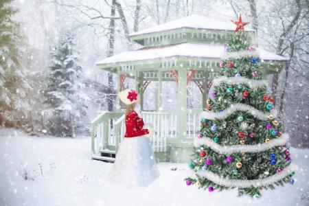 圣诞节背景, 背景, 圣诞场景, 年轻的圣诞女孩, 圣诞树, 凉亭, 白雪皑皑