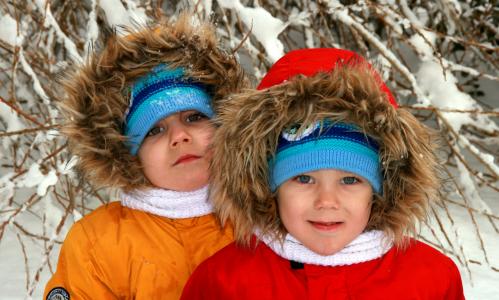 双胞胎, 兄弟, 冬天, 雪, 肖像, 微笑, 蓝色的眼睛