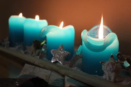 圣诞节, 到来花圈, 蜡烛, 蓝色, 光, 火焰, 蜡烛