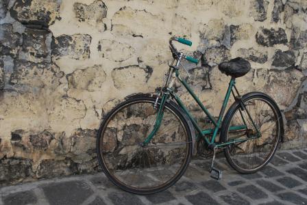 自行车, 老, 绿色, 墙上, 背景, 自行车, 孤独