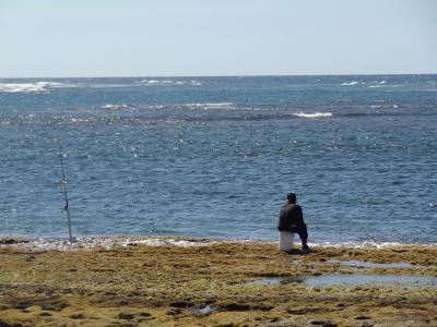 渔夫, 男子, 等待, 坐, 海, 自然, 海洋
