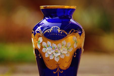 花瓶, 蓝色, 玻璃, 饰品, 花, 开花, 绽放
