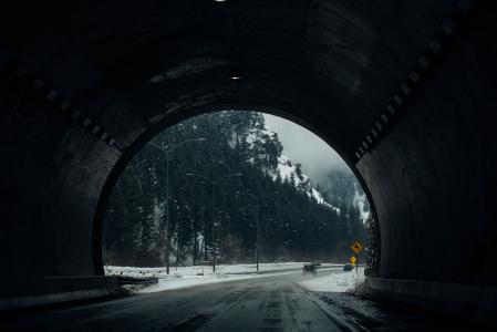 黑暗, 有雾, 道路, 雪, 隧道, 冬天, 公路