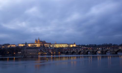 布拉格, 捷克共和国, 布拉格城堡, 夜景, 河, 欧洲, 建筑