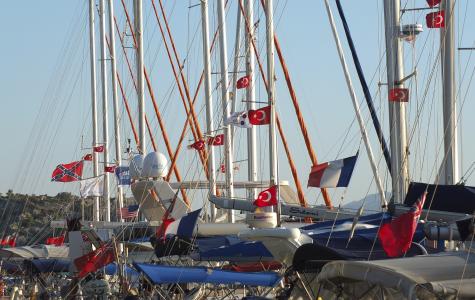 土耳其语, 玛丽娜, 帆船港, 小船, 旗帜, 土耳其, 航海的船只