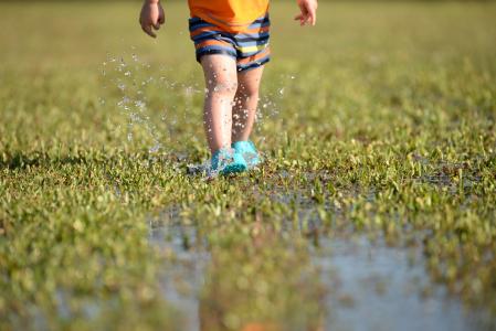 儿童, 双脚, 溅, 泥浆, 水, 夏季, 水滴