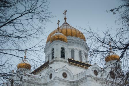 莫斯科, 大教堂, 东正教, 炮楼, 圆顶, 光秃秃的树上, 建筑