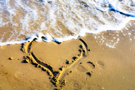 心, 沙子, 海滩, 网上冲浪, 波, 浪漫, 表达式
