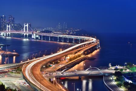 釜山夜景, 广安桥, 晚上, 海, 夜景, 釜山, 公路