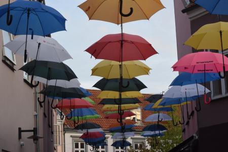 遮阳伞, 丹麦, 奥胡斯, 多彩, 彩色雨伞, 道路