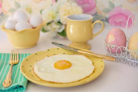 煎的鸡蛋, 早餐, 复活节, 早上, 粉彩, 食品, 顿饭