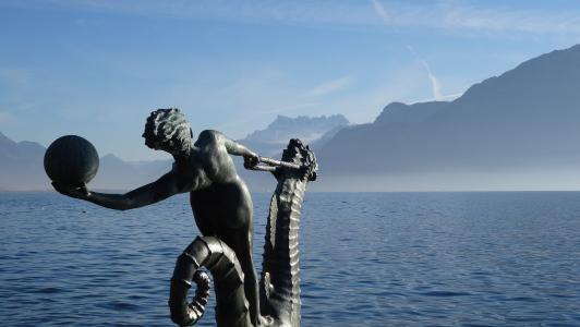 湖, 景观, 山, 雕像, 瑞士, 水, 海