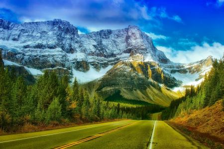 班夫, 加拿大, 国家公园, 山脉, 天空, 云彩, 道路