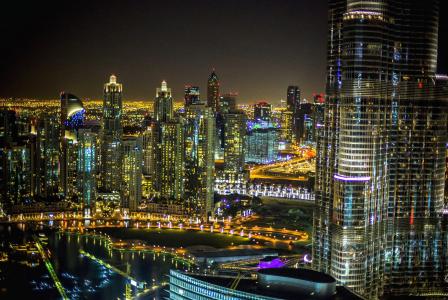 城市, 迪拜, 晚上, 酒店, 建筑, 城市景观, 旅行