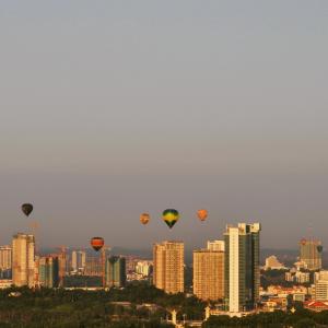 气球, 浮, 城市, 天空, 建筑