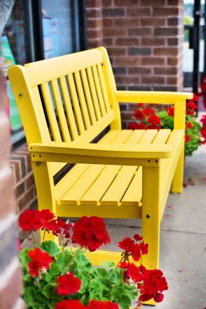 黄凳, 年份, 公园, 木制, 座位, 花, 椅子