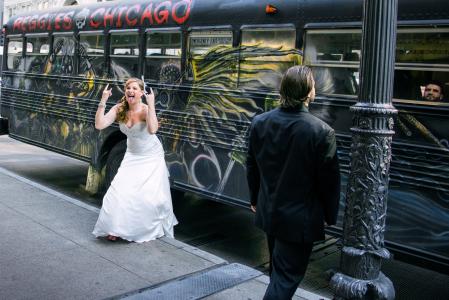 芝加哥, 快乐, 新娘, 白色连衣裙, 婚姻, 人, 城市场景
