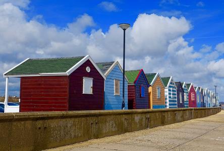 小屋, 海滩, 色彩缤纷, 英格兰, 海边, 海岸, 度假