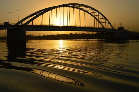 桥梁, 霍拉姆沙赫尔, 金, 桥-男人作结构, 河, 建筑, 日落