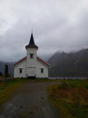 教堂, 雾, 挪威, 敦群岛, 山脉
