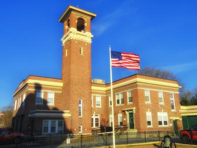 stoneham, 马萨诸塞州, 消防站, 建设, 塔, 国旗, 天空