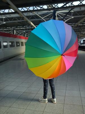 火车, 雨伞, 彩虹, 车站, 离开