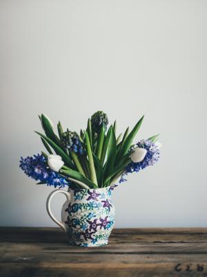 花瓶, 花, 熏衣草, 叶子, 植物, 小, 墙上