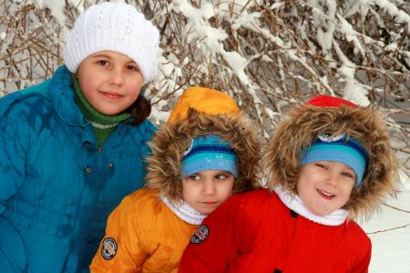双胞胎, 哥哥, 姐姐, 冬天, 雪, 微笑