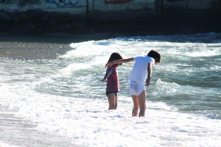 海滩, 儿童, 海, 沙子, 童年, 友谊, 夏季