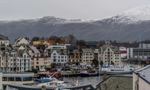 挪威海岸, 阿莱宋德, 山脉, 建筑, 斯堪的那维亚, 景观, 海