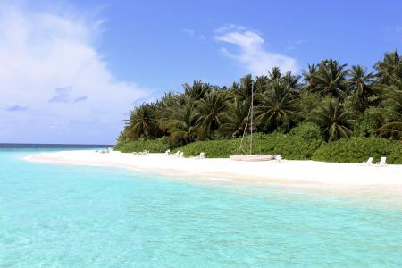 马尔代夫, 海滩, 海, 绿松石, 天空, 云彩, 假日