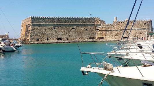 伊拉克利翁, 端口, 城堡, 克里特岛, 威尼斯港口, 海, 航海的船只