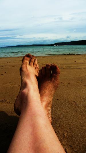 放松, 海滩, 双脚, 沙子, 海, 海岸, 人