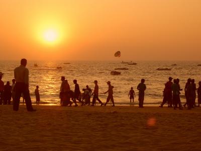 日落, 印度, 旅行, 海滩, 橙色的天空, 人, 剪影