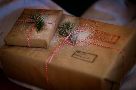 两个, 棕色, 框, 圣诞节, 麻绳, 节日, 礼物